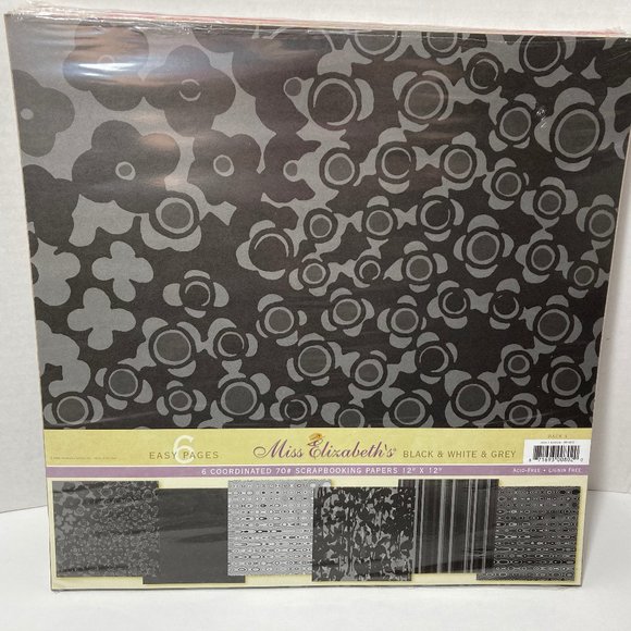 Scrapbook Paper 12 x 12 6 Pack Black White Grey Miss Elizabeth's - Picture 1 of 8